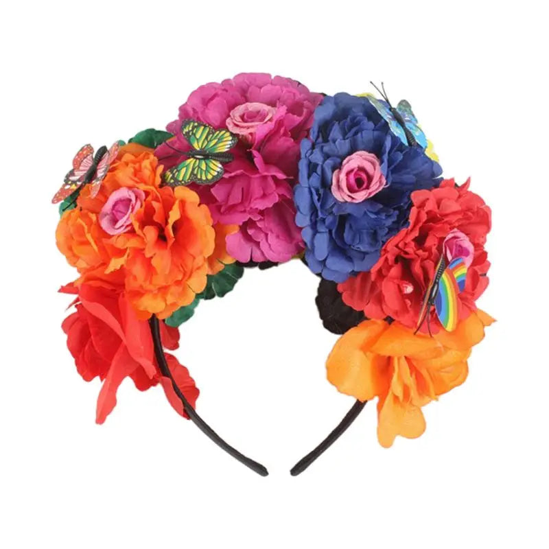 Halloween Simulation Colorful Peony Flower Headband Fairy Butterfly Mexican Crown Cosplay Day of The Dead Headpiece