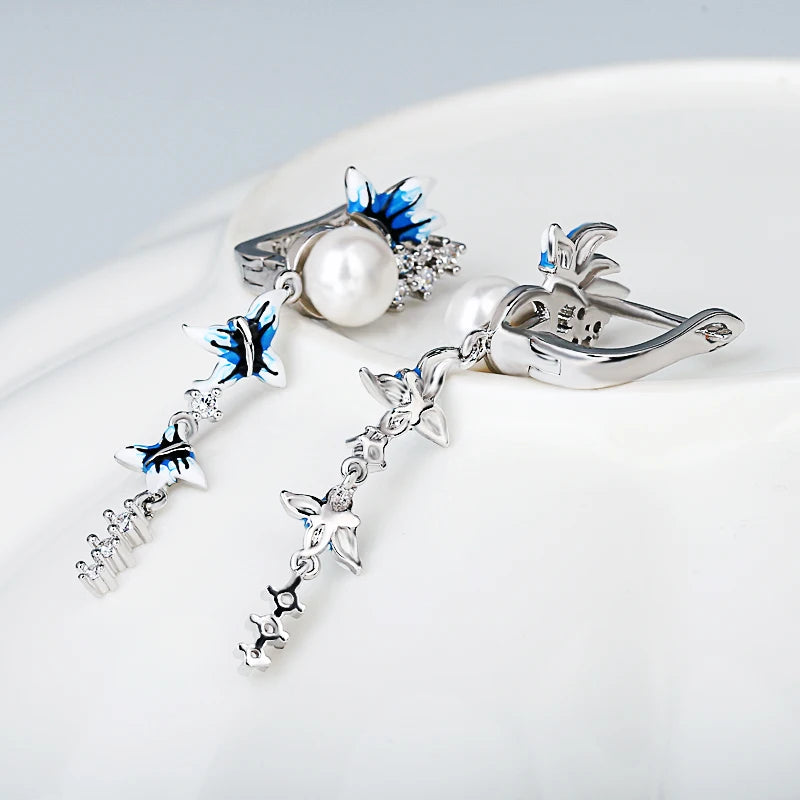 Elegant Blue and White Flower Earrings Long Tassel Earrings Pearl Butterfly Earrings 925 Silver Women's Jewelry Handmade Enamel