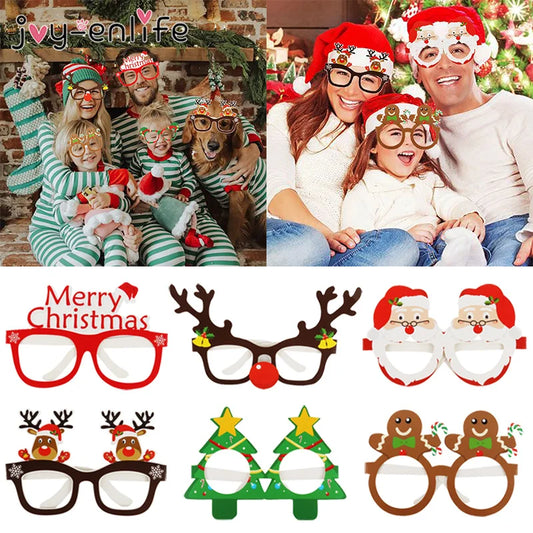 9pcs 2024 Christmas Glasses Santa Claus Snowman Snowflake Tree Elk Paper Glasses Party Photo Props Christmas Decoration For Home