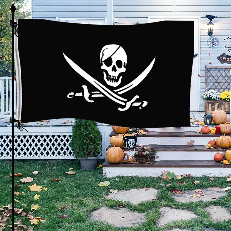 90* 154cm 1Piece Pirate Flag Skull Flag Canvas Header Banner Polyester with Brass Grommets Halloween Theme Party Outdoor Decora