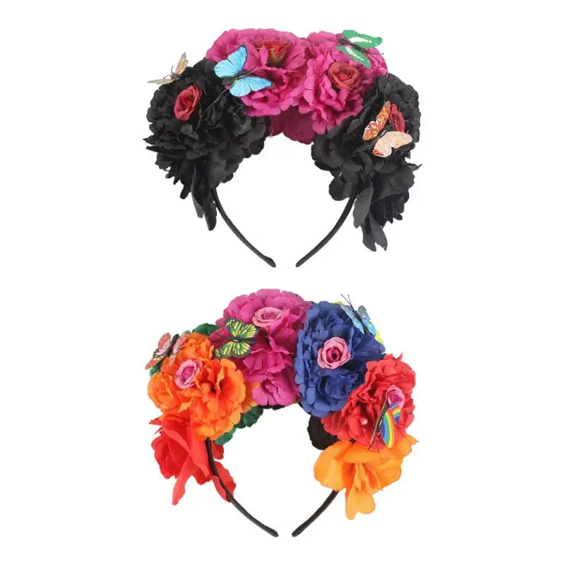 Halloween Simulation Colorful Peony Flower Headband Fairy Butterfly Mexican Crown Cosplay Day of The Dead Headpiece