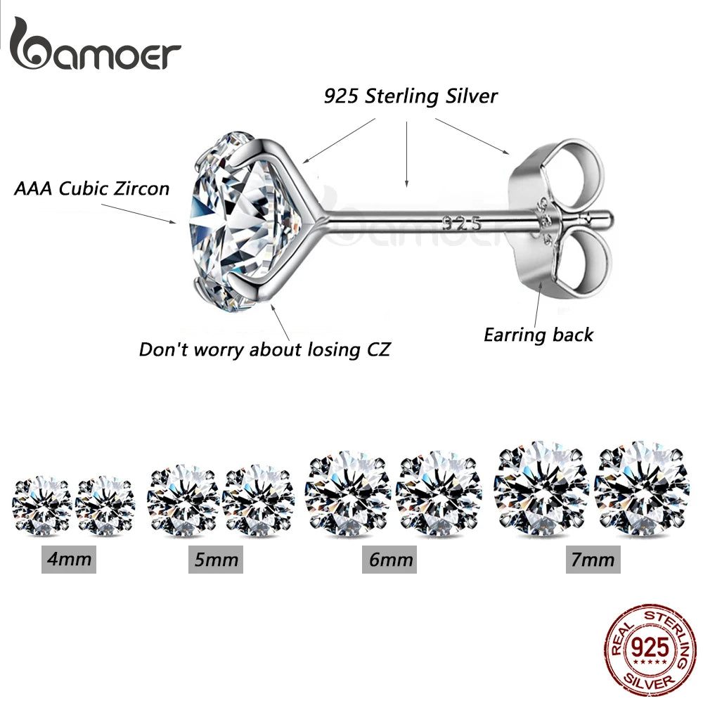 bamoer CZ Stud Earrings 925 Sterling Silver Platinum Plated Round Cubic Zirconia Hypoallergenic Earrings 4mm 5mm 6mm 7mm BSE166