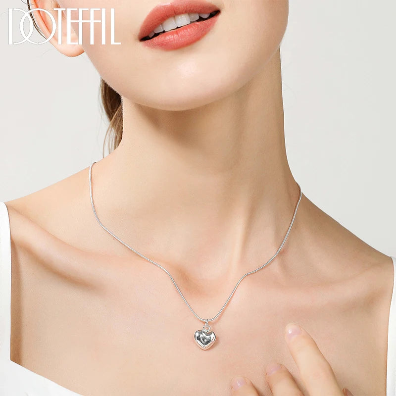 DOTEFFIL Silver Color Solid Small Heart Pendant Necklace 16-30 Inch Snake Chain For Women Wedding Charm Fashion Jewelry