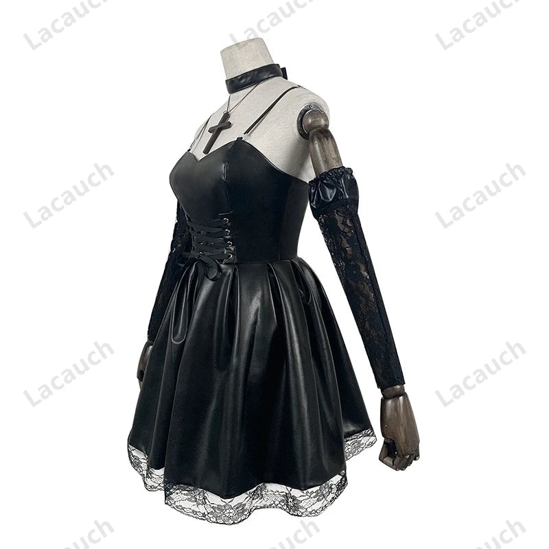 Death Note Cosplay Costume Misa Amane Imitation Leather Sexy Dress +Neck jewelry+stockings+necklace Uniform Outfit Halloween Wig