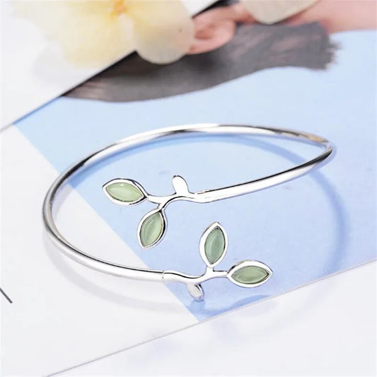 New Beautiful Sprout Exquisite Korean Style Fashion 925 Sterling Silver Jewelry Bracelets Literary Leaves Crystal Bangles  SL028