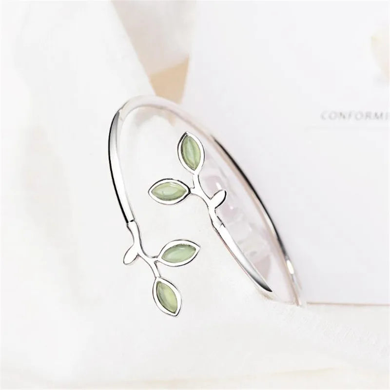 New Beautiful Sprout Exquisite Korean Style Fashion 925 Sterling Silver Jewelry Bracelets Literary Leaves Crystal Bangles  SL028