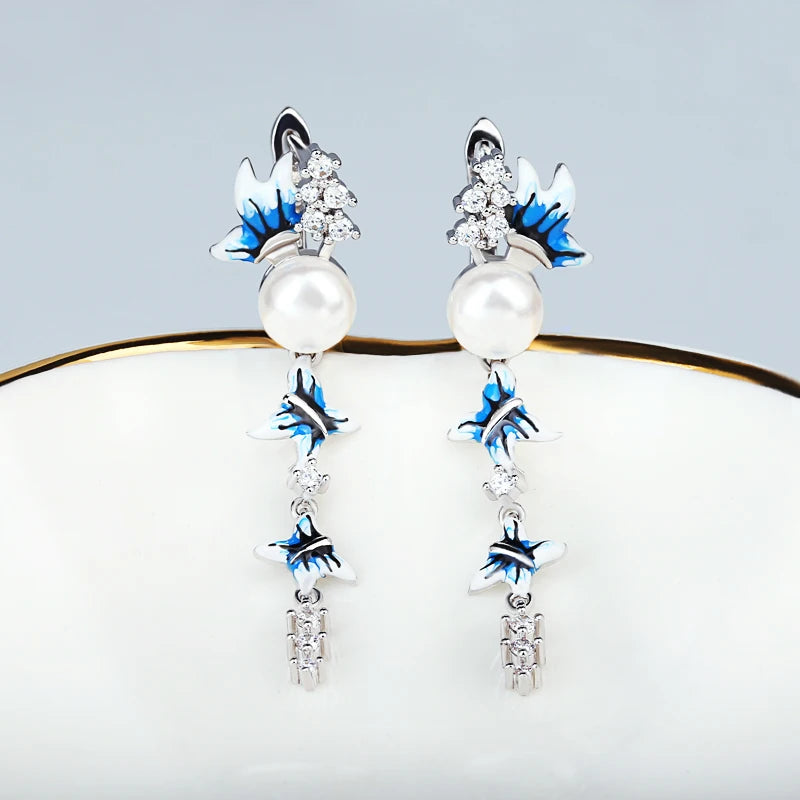 Elegant Blue and White Flower Earrings Long Tassel Earrings Pearl Butterfly Earrings 925 Silver Women's Jewelry Handmade Enamel