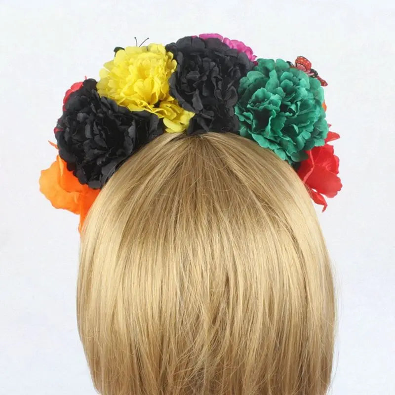 Halloween Simulation Colorful Peony Flower Headband Fairy Butterfly Mexican Crown Cosplay Day of The Dead Headpiece