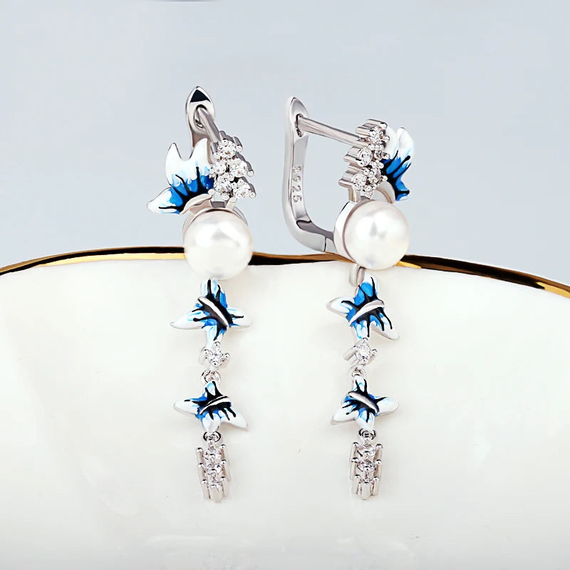 Elegant Blue and White Flower Earrings Long Tassel Earrings Pearl Butterfly Earrings 925 Silver Women's Jewelry Handmade Enamel