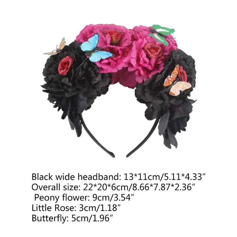 Halloween Simulation Colorful Peony Flower Headband Fairy Butterfly Mexican Crown Cosplay Day of The Dead Headpiece