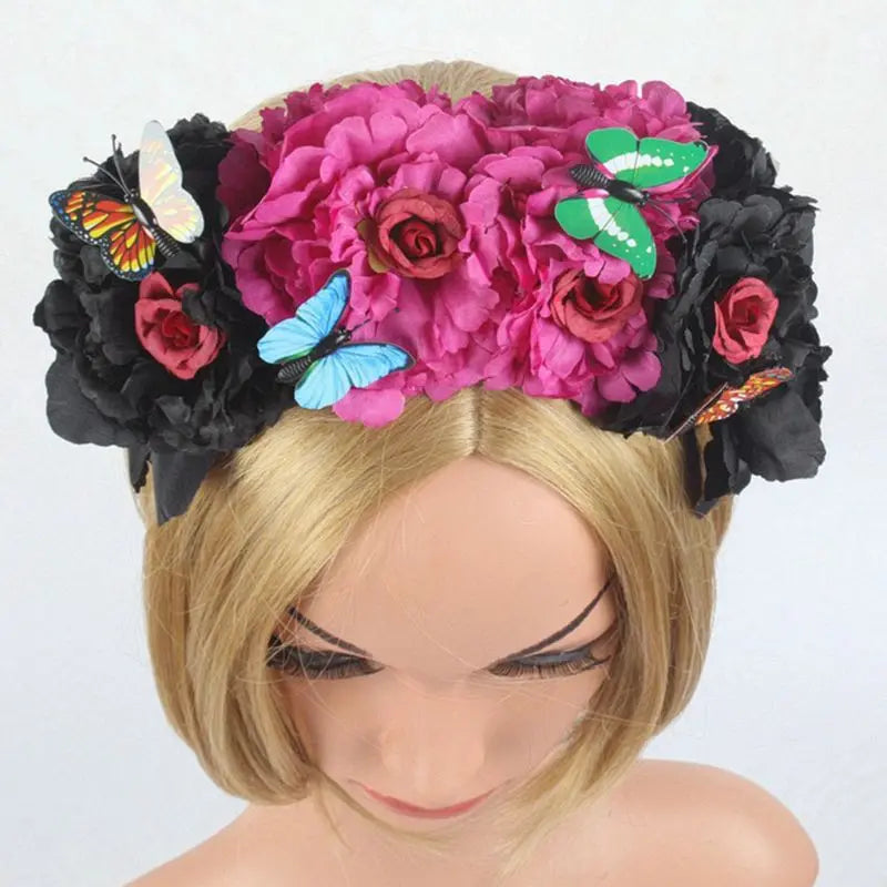 Halloween Simulation Colorful Peony Flower Headband Fairy Butterfly Mexican Crown Cosplay Day of The Dead Headpiece