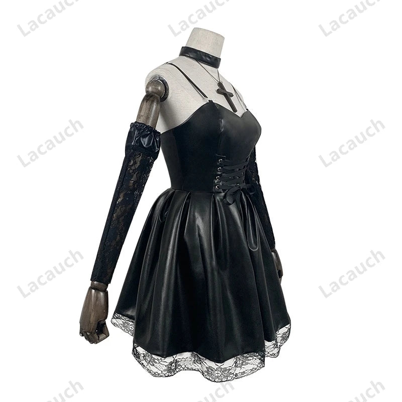 Death Note Cosplay Costume Misa Amane Imitation Leather Sexy Dress +Neck jewelry+stockings+necklace Uniform Outfit Halloween Wig