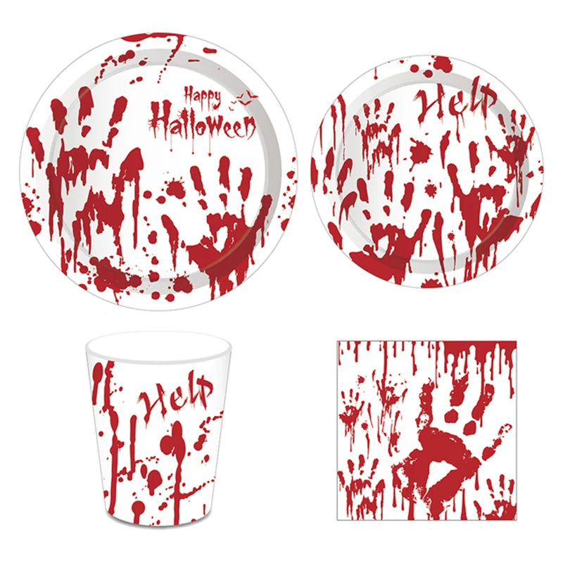 Halloween Red Scary Blood Handprint Disposable Tableware Paper Cups Plates Straw Tablecloth Halloween Party Decoration Supplies