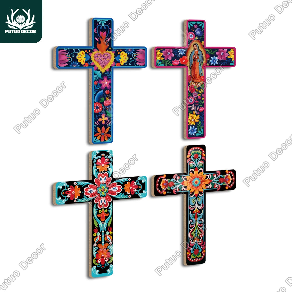 Putuo Decor Mexican Crucifix Wood Wall Decor, Day of the Dead Decoration Wooden Wall Mounted Cross for Home , 15.9 X 11.8 Inches