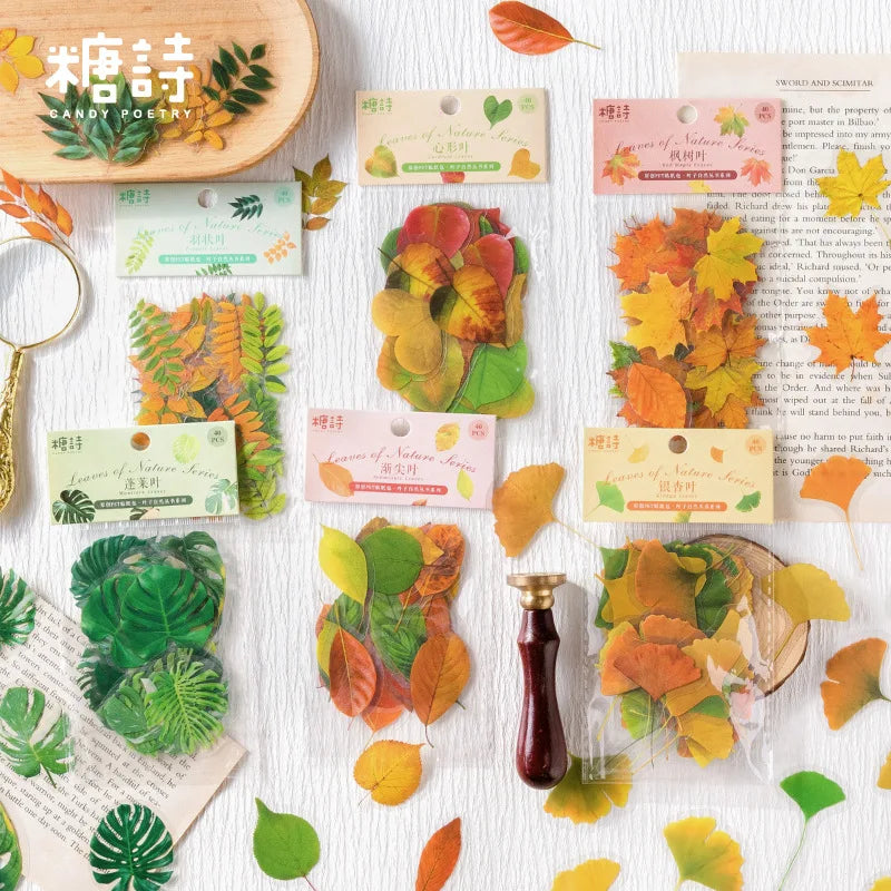 40 Pcs Diy Decoration Autumn Leaves Adhesive Stickers For Laptop Planners Scrapbook Diary Notebooks