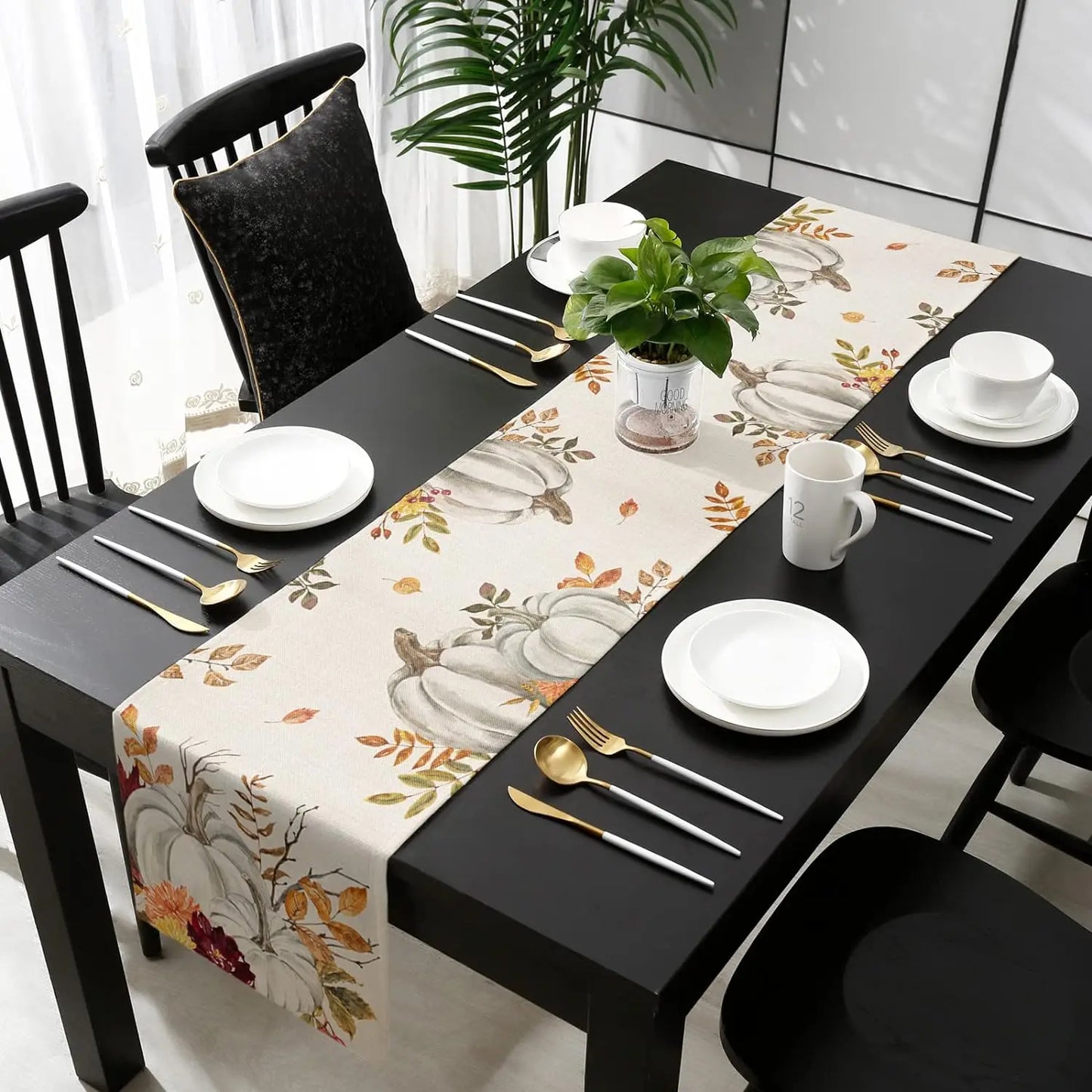 Fall Thanksgiving Linen Table Runner Autumn Pumpkin Retro Maple Leaves Harvest Table Runner for Kitchen Scarf Dining Table Decor