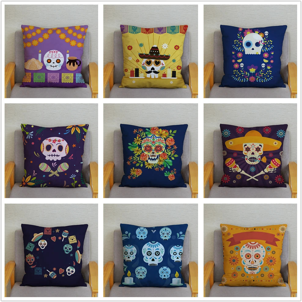 Mexican Day of The Dead Pillowcase Bedroom Living Room Sofa Home Decoration  Cartoon Flower Skull Print Cushion Cover