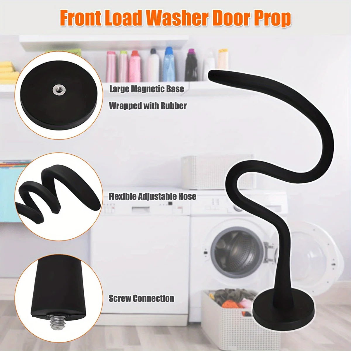 Magnetic Washer Door Prop-Stabilizer for Front Load Machines-Easy-Install, Flex Design-Fits Most Washers & RV Laundry Doors