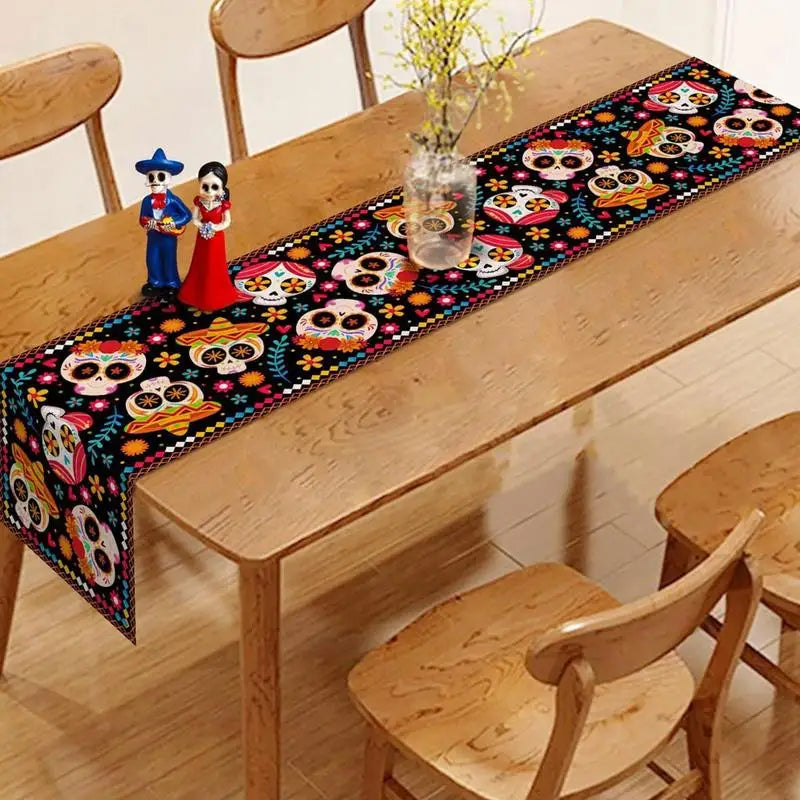 Day of The Dead Table Runners Halloween Floral Sugar Skull Mexican Ofrenda Party Decor for Dining table Living Study Room Supply