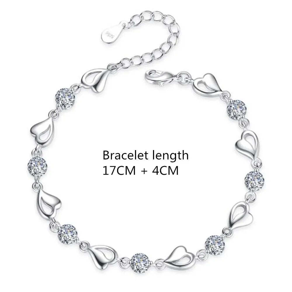 925 Sterling Silver Bracelet For Women Retro Korean Heart Shaped Charm Bracelets Original Bling Blue Crystal Jewelry Party Gifts