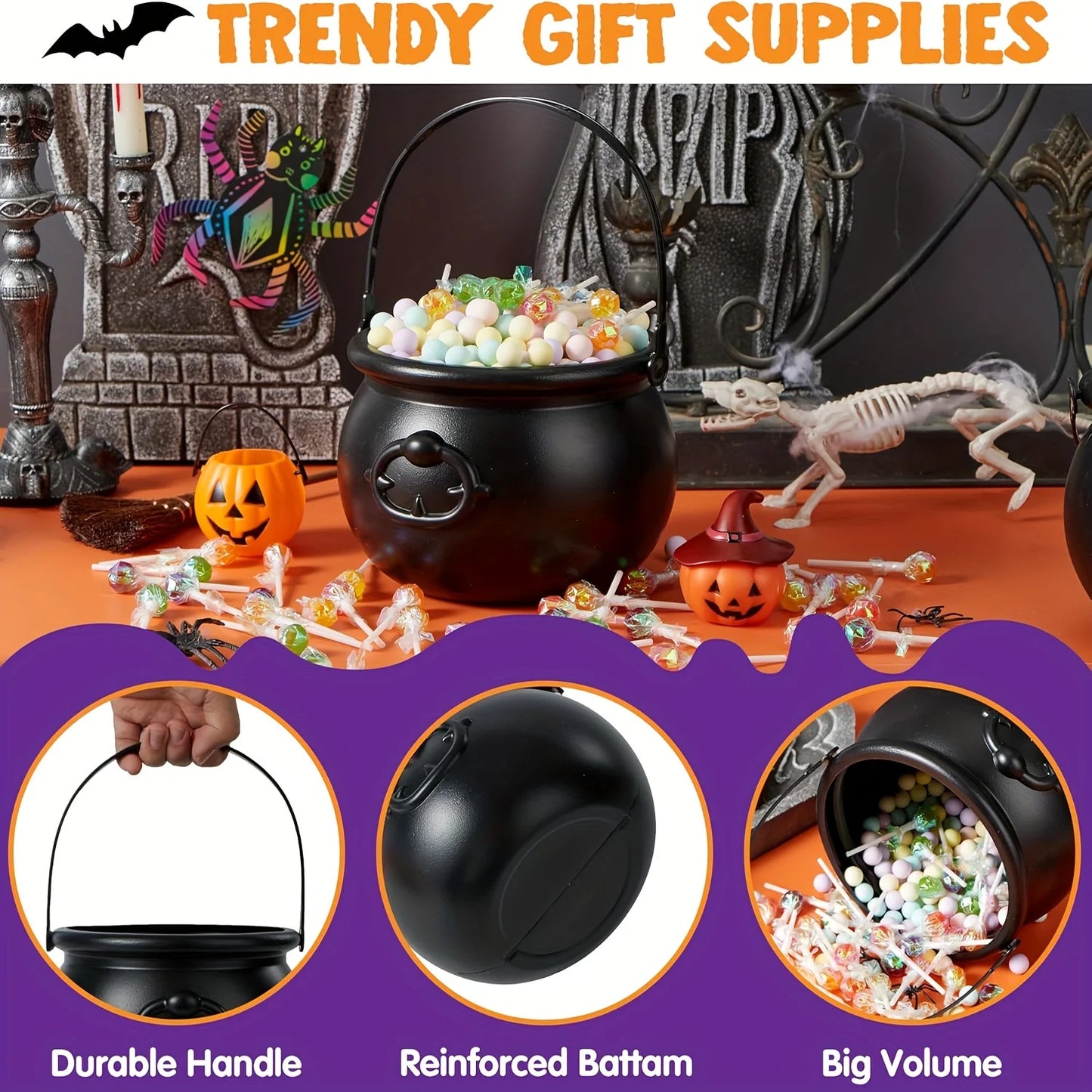 Halloween Black Cauldron Kettle Halloween Candy Jar Home Decoration, Kids Trick or Treat Parties Large Witch Cauldron Pot Bucket