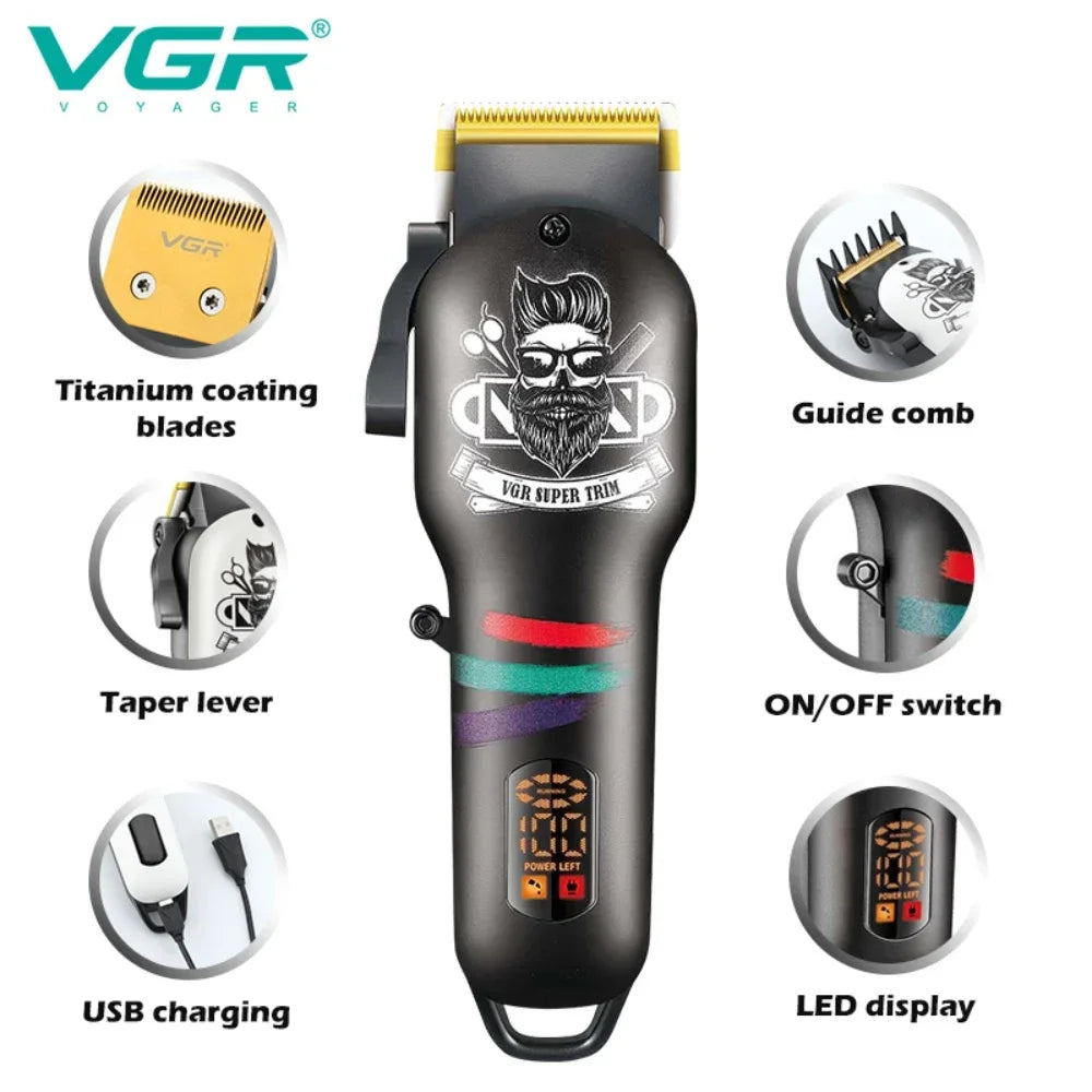 VGR Hair Clipper Electric Hair Cutting Machine Professional Barber Cordless Hair Trimmer Digital Display Clipper for Men V-699