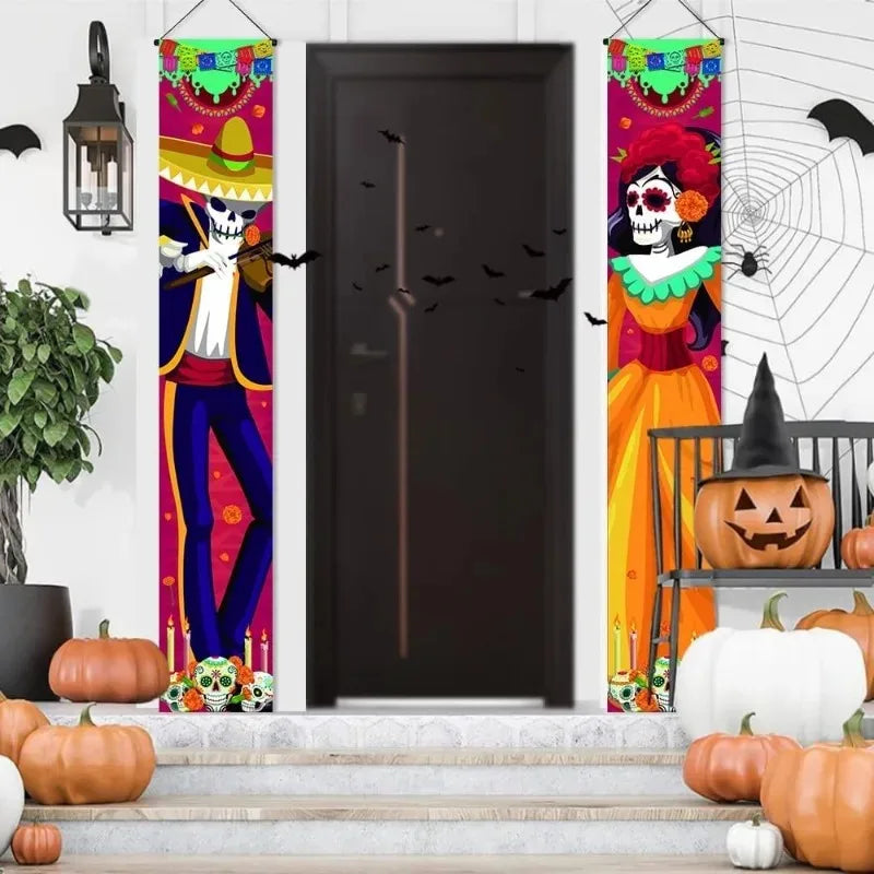 Day of The Dead  Porch Sign Halloween Hanging Luminous Couplet Banner Home Welcome Signs DIY Mexican Outdoor Wall Party Decor