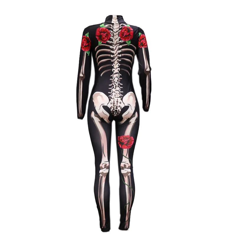 Halloween Cosplay Long Sleeve Jumpsuit Carnival Party Tight Rompers Day of The Dead Rose Skeleton Adult Women Scary Costume