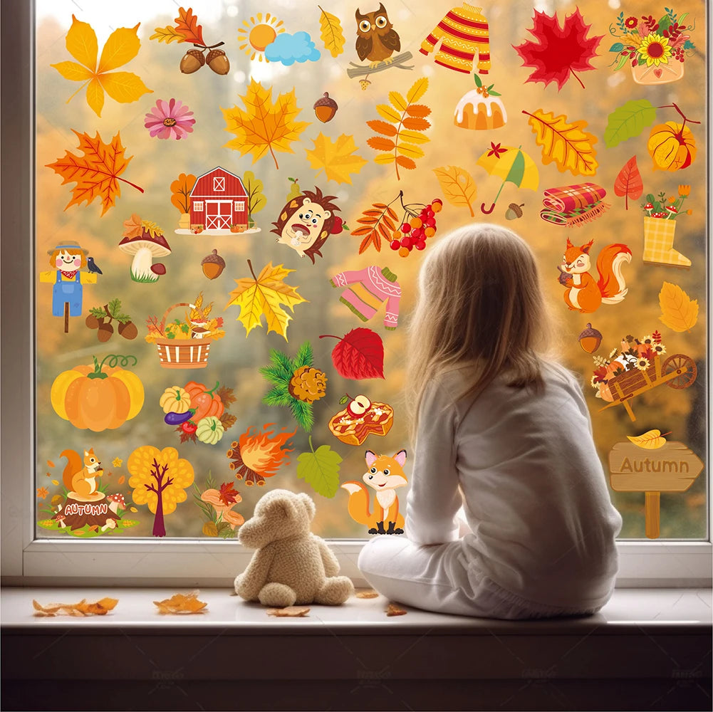 Thanksgiving Window Stickers Autumn Leaves Squirrel Pumpkin Cartoon Window Door Stickers Background Decoration Sticker