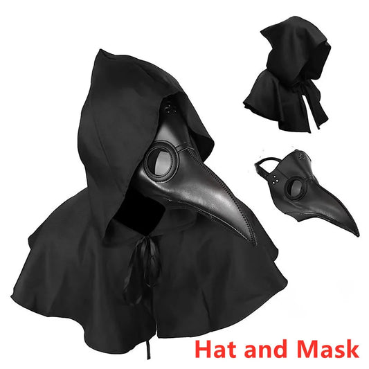 Halloween Plague Doctor Mask and Cloak Costume Props  Long Nose Beak Leather Masks for Adult Reaper Cloak Medieval Black Hat