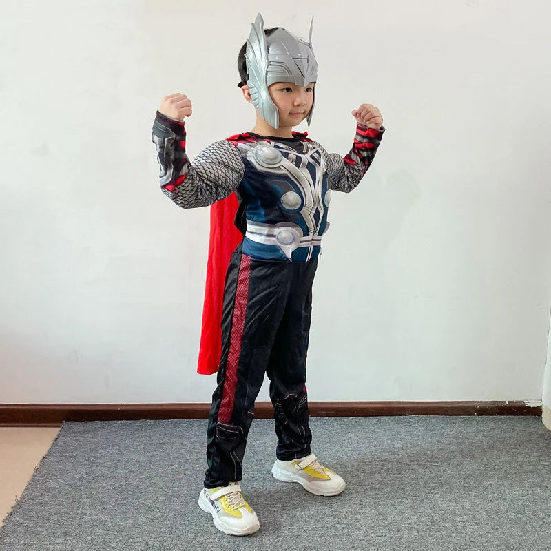 Kids Thor Muscle Costume Superhero Thor Cosplay Muscle Costume Jumpsuit Mask Hammer Halloween Carnival Clothes for Children