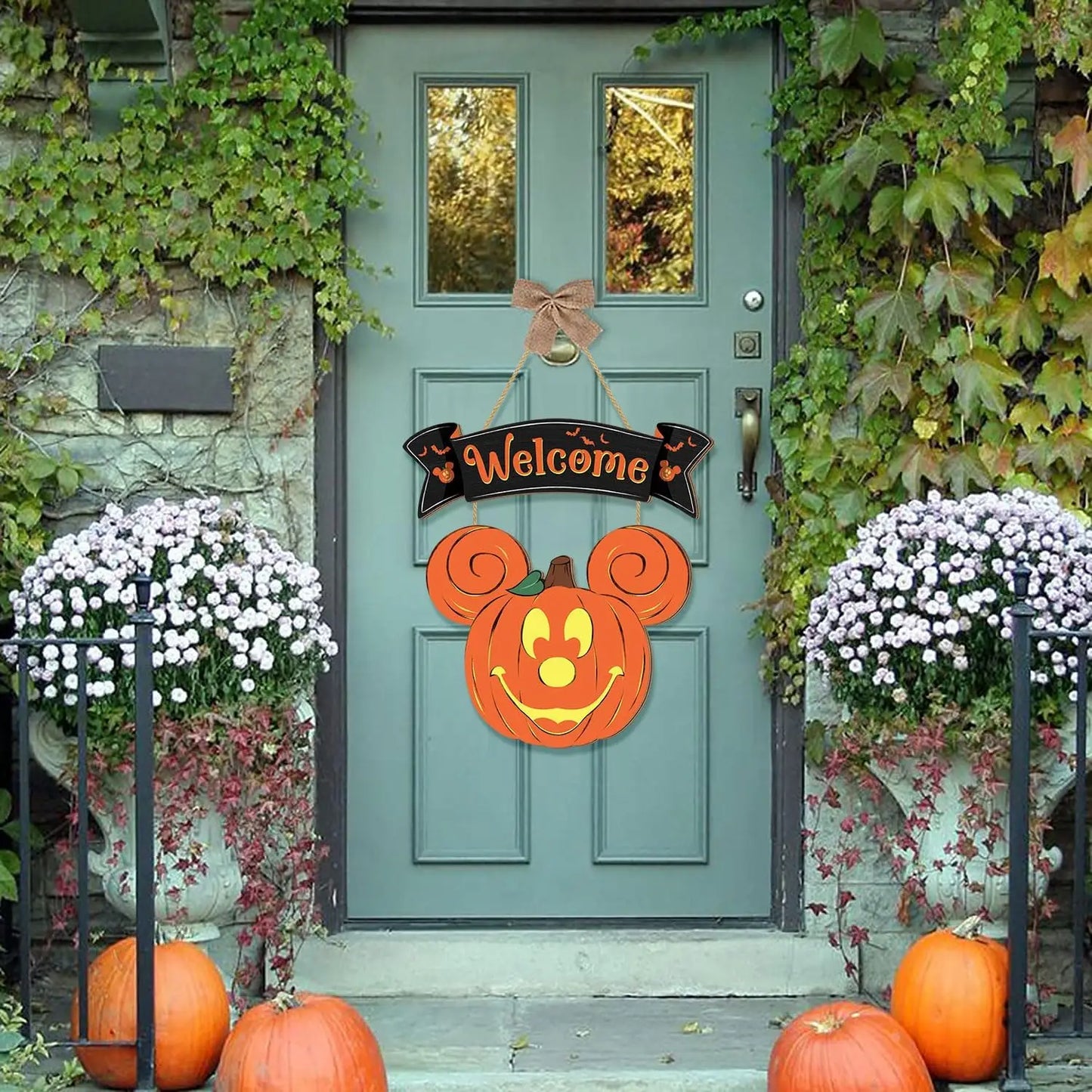 Halloween Mouse Pumpkin Decorations, Halloween Mouse Welcome Hanging Sign for Front Door, Happy Halloween Wooden Pumpkin Signs,