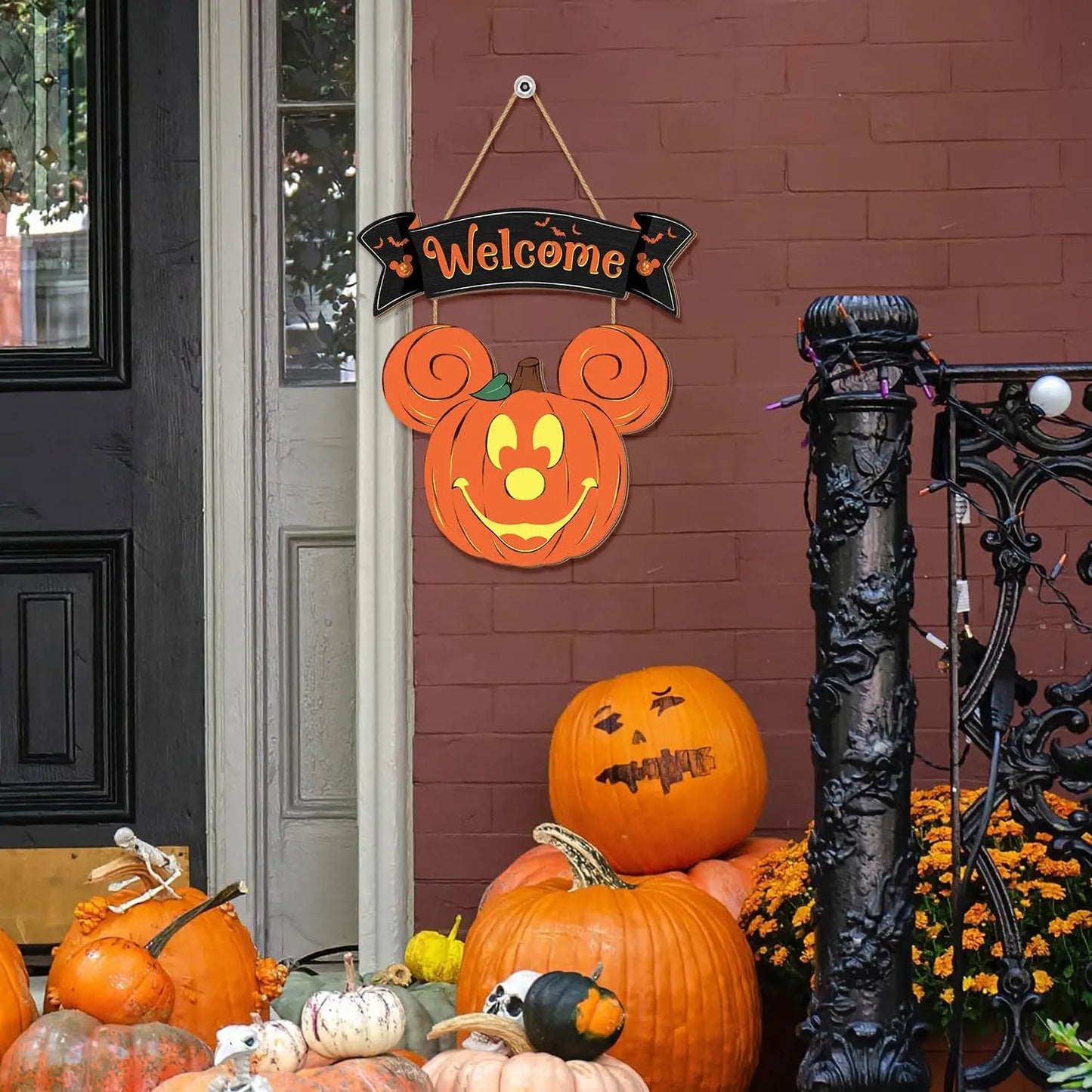 Halloween Mouse Pumpkin Decorations, Halloween Mouse Welcome Hanging Sign for Front Door, Happy Halloween Wooden Pumpkin Signs,