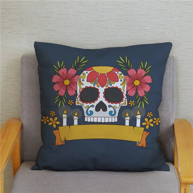 Mexican Day of The Dead Pillowcase Bedroom Living Room Sofa Home Decoration  Cartoon Flower Skull Print Cushion Cover