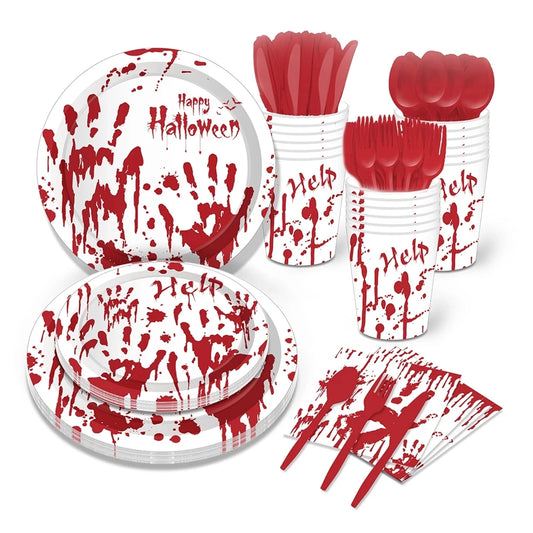 Halloween Red Scary Blood Handprint Disposable Tableware Paper Cups Plates Straw Tablecloth Halloween Party Decoration Supplies