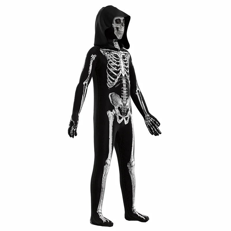 Halloween Skeleton Costume Jumpsuit with Front and Back Skeleton Bone Print for Kid