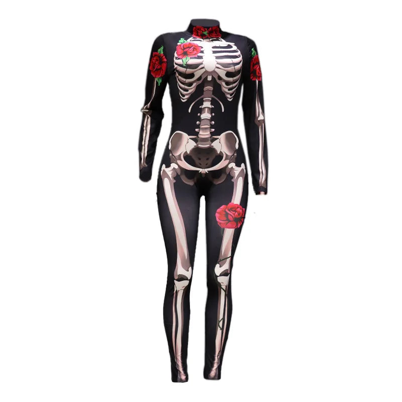 Halloween Cosplay Long Sleeve Jumpsuit Carnival Party Tight Rompers Day of The Dead Rose Skeleton Adult Women Scary Costume