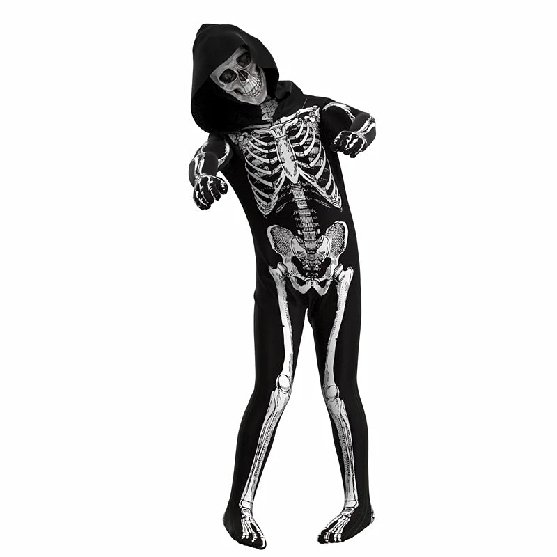 Halloween Skeleton Costume Jumpsuit with Front and Back Skeleton Bone Print for Kid