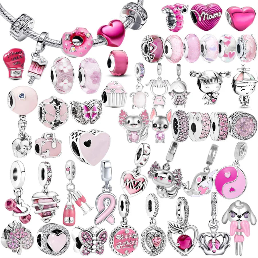 Pink Series Charm Bead Hot Sale Pendant Jewelry Fit Original Pandora 925 Sterling Silver Bracelet/Necklace Clip Murano Glass Bag