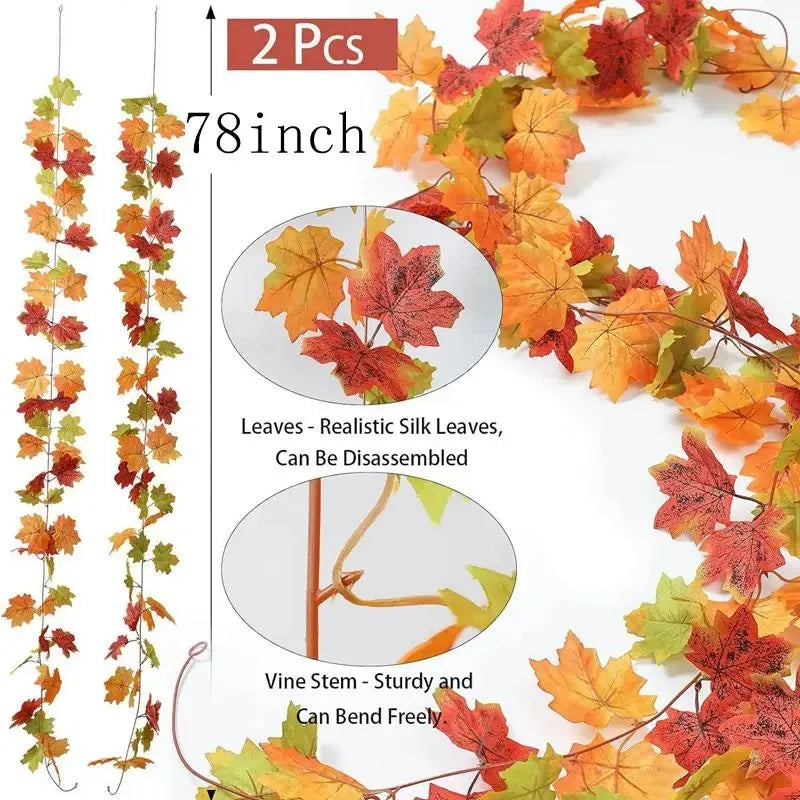 2M Artificial Fall Maple Leaf Garland Fake Plants Autumn Decor Leaves