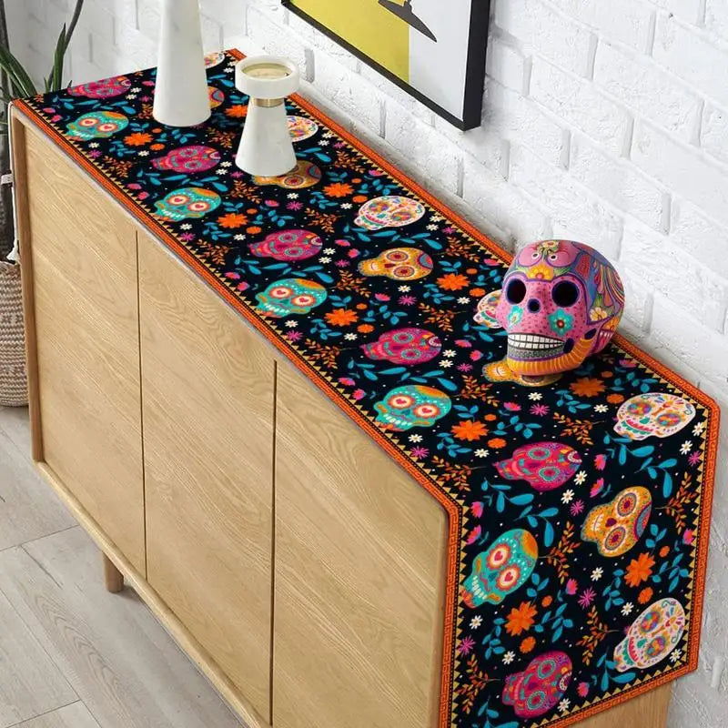 Day of The Dead Table Runners Halloween Floral Sugar Skull Mexican Ofrenda Party Decor for Dining table Living Study Room Supply