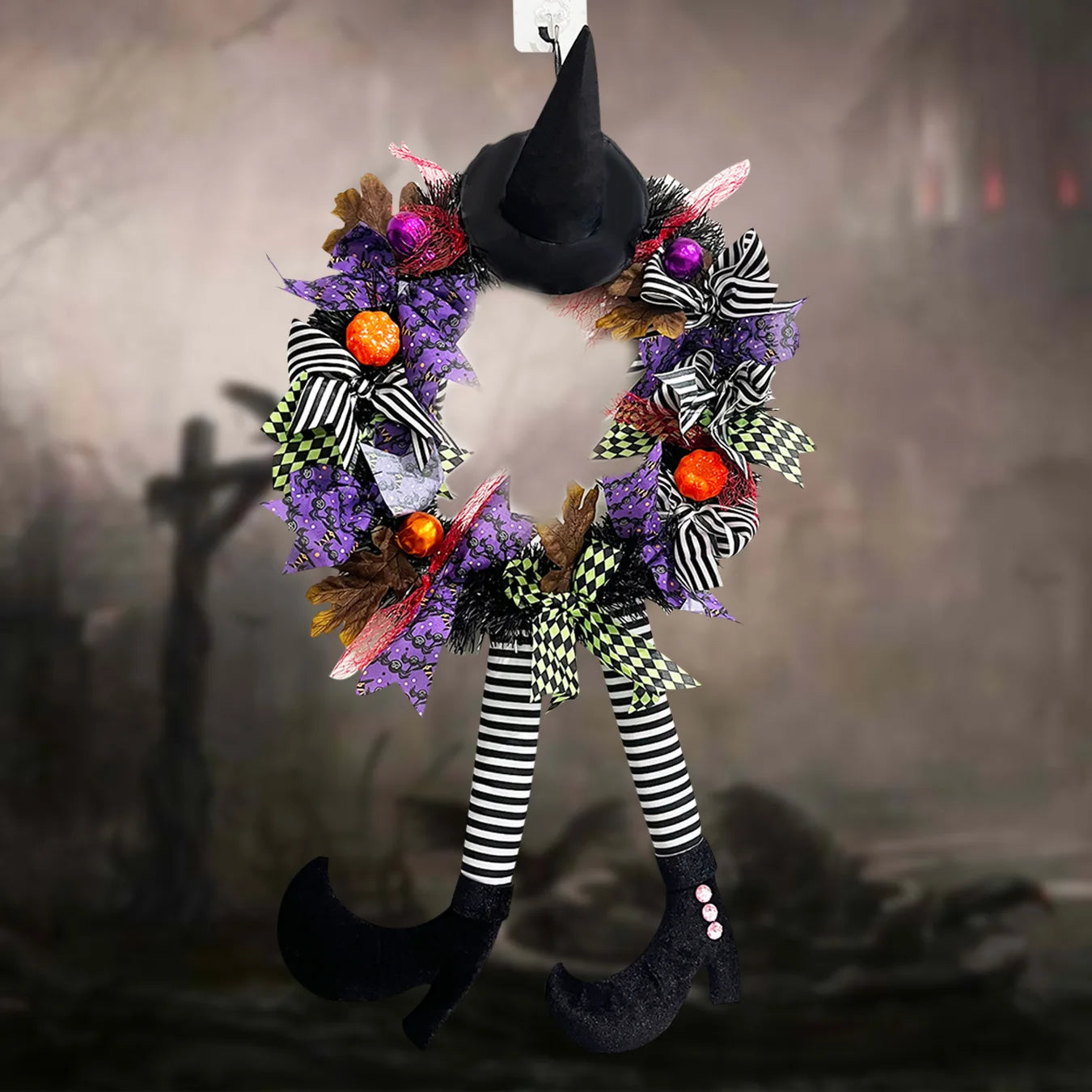 Halloween Wreath Long Legged Witch Wall Hanging Front Door Decorative Indoor Outdoor Decoration Pendant