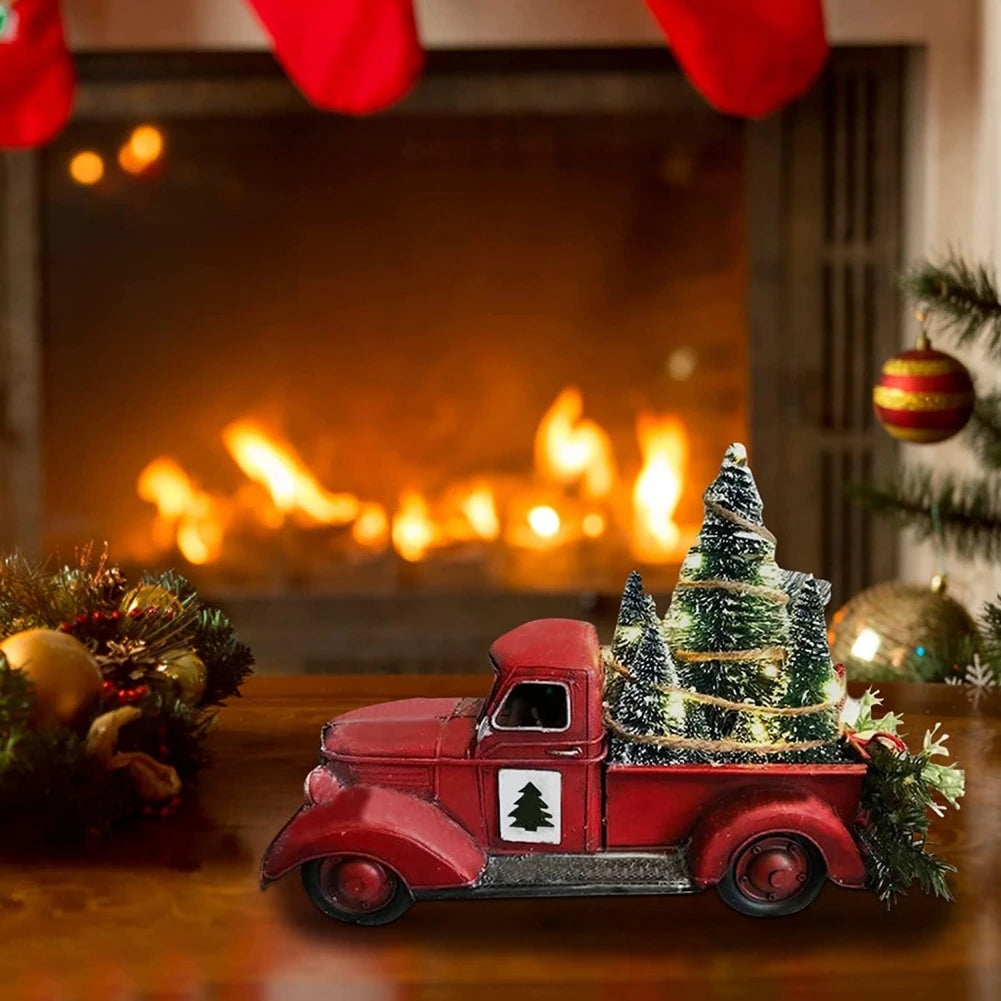 Christmas Red Truck Automobile Car with Lights Boy Gift Resin Ornament Craft Waterproof Garden Yard Tree Decoration Home Decor