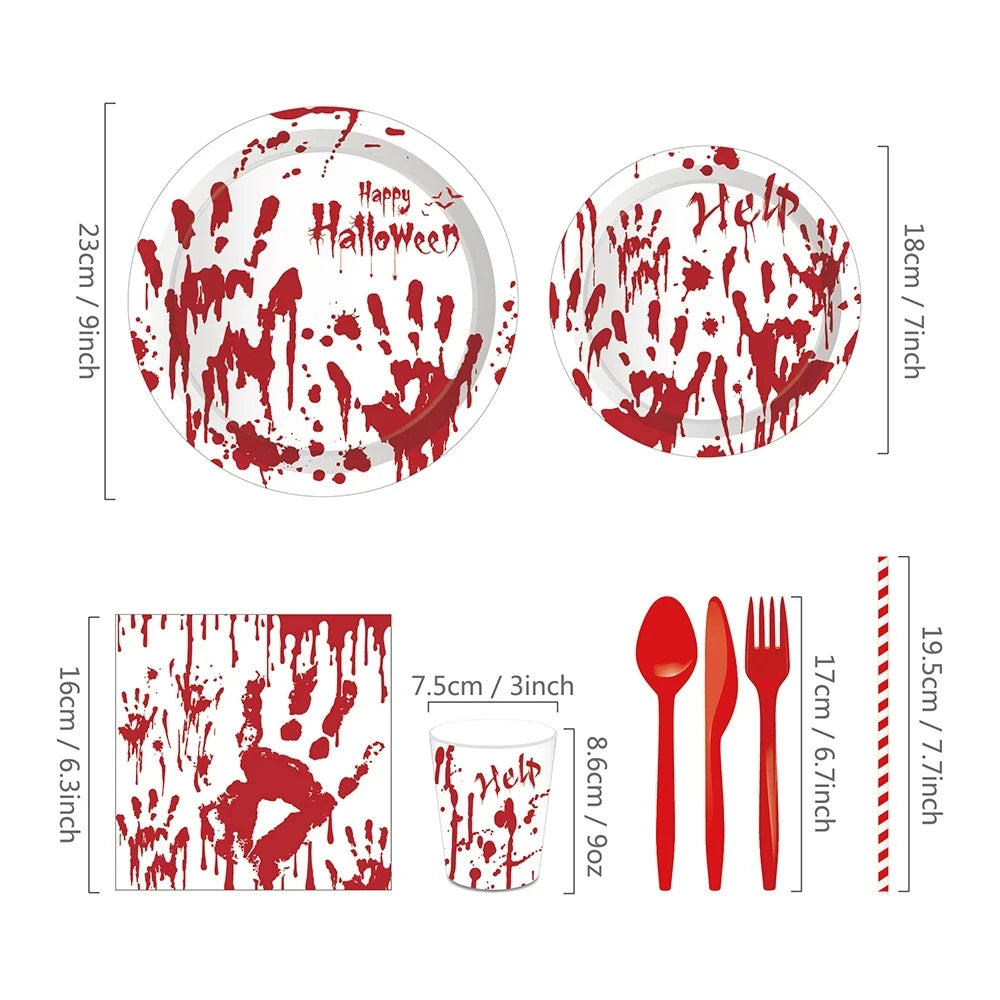 Halloween Red Scary Blood Handprint Disposable Tableware Paper Cups Plates Straw Tablecloth Halloween Party Decoration Supplies