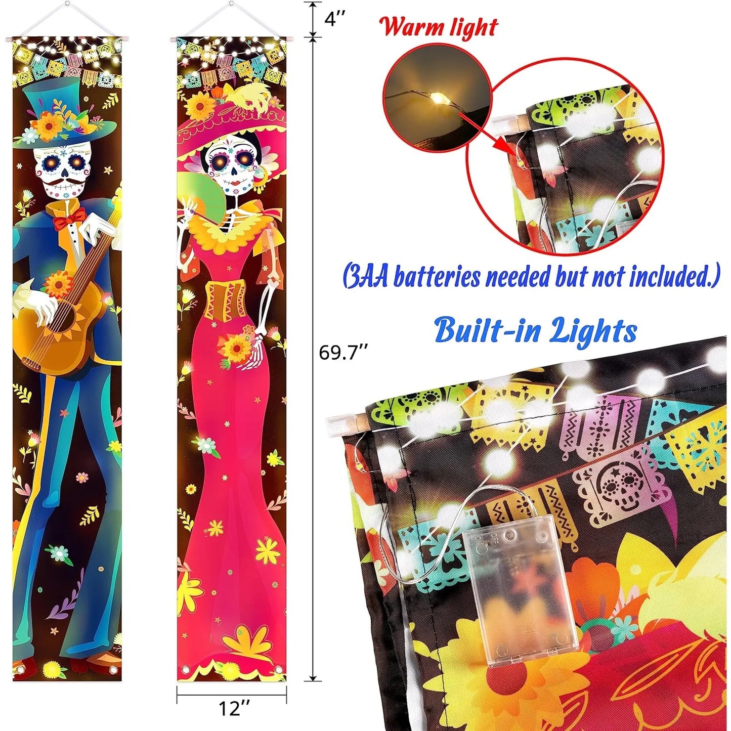 Halloween Lighted Porch Signs Banners Decorations Indoor Dia De Los Muertos Day of The Dead Outdoor Wall Door Couplet Decor 2PCS