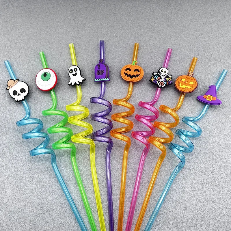 1/8pcs Halloween Plastic Drinking Straws Reusable Pumpkin Bat Spider Web Skeleton Witch Straws Party Decoration Birthday Party