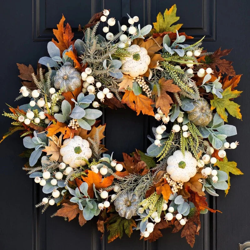 45cm Fall Wreaths Pumpkin Berry Maple Leaf Artificial Wreath Harvest Autumn Door Wreath Christmas Halloween Home Hanging Decor