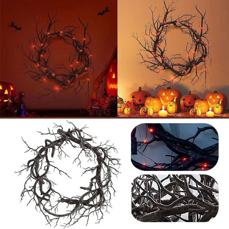 Wreath Decoration for Front Door LED Lights Glitter Black Branch Halloween Decorations Scary Home Indoor Outdoor Party Decor