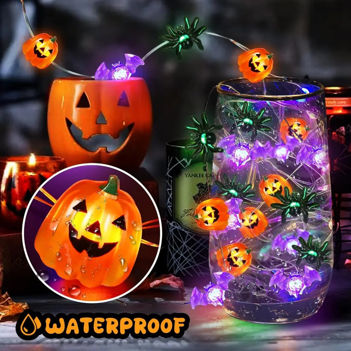 1pc LED Halloween Pumpkin Spider Bat String Light Battery Operated Waterproof Indoor And Outdoor Spooky Atmosphere Hanging Decor