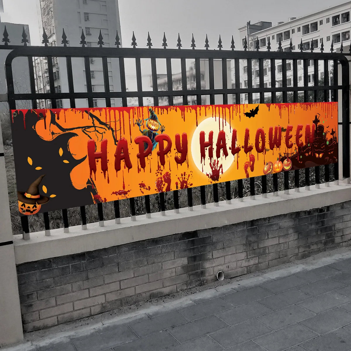 Happy Halloween Banner 250cm Long Hanging Halloween Banner with Pumpkin Terror Bloody Handprint Decor for Yard Indoor Outdoor